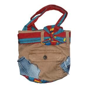 Khaki Tan Cotton Blue Denim Patches Button Pockets Mini Tote Bag Purse